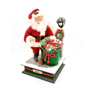 Vintage Christmas Trim A Home Musical Light Up Santa Claus, Bag of Gifts & Dog